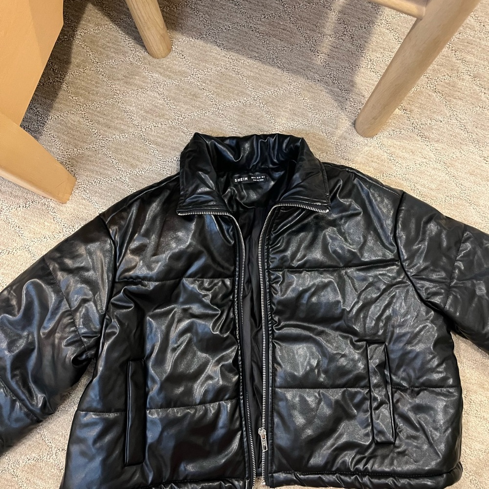 Cropped Leather Black Puffer Jacket